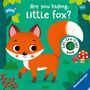 Text: "Are you hiding, Little fox?", "play+", "12m+", "Lift-the-flaps book", "Ravensburger". Illustration eines freundlichen Fuchses im Wald.