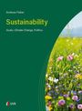Titel "Sustainability: Goals, Climate Change, Politics" von Andreas Fieber. Bunte Blumenwiese seitlich, UVK-Logo unten.