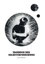 "TAGEBUCH DER SELBSTERFORSCHUNG, Liliane Wildhaber." Schwarz-weiße Illustration: Eine Figur umarmt sich selbst, Mond auf dem Kopf.