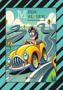 "Mega Malbuch", darunter "Gabriele André & Wolfgang André". Illustration eines Mannes im gelben Auto auf einer kurvigen Straße.