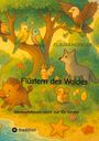 "Flüstern des Waldes" oben mit Vögeln in Bäumen, unten ein Wolf, ein Wildschwein und Blumen in Pastellfarben.