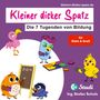 „Kleiner dicker Spatz“, „Die 7 Tugenden von Bildung“, bunte Vögel mit Spielzeug, Tafel und Hantel.