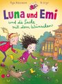 "Luna und Emi und die Sache mit dem Wünschen." Zwei fröhliche Mädchen rennen mit einem verspielten Hund und einem Roboter.