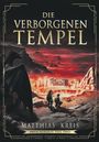 Titel: "Die Verborgenen Tempel". Zwei Figuren betrachten einen leuchtend roten Tempel in einer mystischen Landschaft.