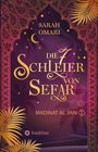"Die 7 Schleier von Sefar" von Sarah Omari, Madinat Al Jinn. Arabisches Muster, goldene Schrift, Palmen, Mond und Sterne.