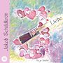 Text: "Jakob Schildkröt", "Liebe", "Mirja Seidler". Illustration: Pinsel mit Herzen auf buntem Hintergrund.