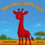 „Die rote Giraffe Juna“. Eine rote Giraffe mit großen Augen steht in einer Savanne, blauer Himmel im Hintergrund.