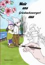"Male uns Griesbachzwergerl aus" in schwarzer Schrift oben. Illustration zeigt Zwerge in einer Landschaft mit Blumen und Schilf.