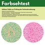 "FarbsEhtest" oben. "Ishihara Tafeln zur Prüfung der Farbwahrnehmung" darunter. Zwei bunte Punktmuster.