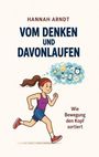 Titel: "VOM DENKEN UND DAVONLAUFEN". Illustration: Frau joggt mit Gedankenblasen über Bewegung.