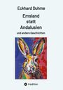 Titel: "Emsland statt Andalusien". Buntes Hasenportrait-Illustration mit leuchtenden, kräftigen Farben und kontrastreichem Hintergrund.