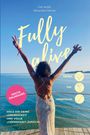 "Fully alive" in gelb, Frau mit ausgebreiteten Armen am Meer, Text über kostenlosen Onlinekurs.