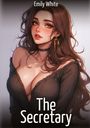 "Emily White", "The Secretary". Illustration einer Frau mit langen Haaren, goldenen Ohrringen und schwarzem Oberteil.