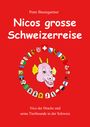 Peter Baumgartner, "Nicos grosse Schweizerreise". Nico der Drache und Wappen. Illustration eines pinken Drachenkopfes.