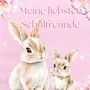 "Meine liebsten Schulfreunde" in rosa Schrift auf rosa Hintergrund, zwei gemalte Hasen, umgeben von Blumen.