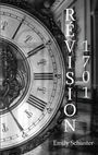 "RÉVISION 1701 Emily Schuster" in weißer Schrift. Große Uhr mit römischen Ziffern. Elegantes, historisches Ambiente.