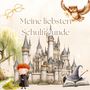 „Meine liebsten Schulfreunde.“ Illustration mit Schloss, roter Figur, Baum, Eule, Brille, und Zaubererhut auf Buch.