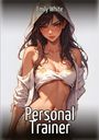 Text: "Emily White", "Personal Trainer". Illustration einer selbstbewussten Frau mit Kapuze und Top in lebendigen Farben.