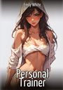 Oben steht "Emily White". Unten "Personal Trainer". Illustration einer Frau mit Kapuze, bauchfreiem Oberteil und intensivem Blick.