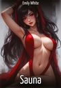 Text oben: Emily White. Text unten: Sauna. Illustration einer Frau in roter Kleidung mit langen dunklen Haaren und roten Augen.