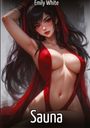 Text: "Emily White" oben, "Sauna" unten. Illustration einer Frau mit langem, dunklem Haar und roter Kleidung.