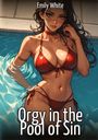Text: "Emily White", "Orgy in the Pool of Sin". Illustration einer Frau in rotem Bikini im Wasser.