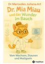 Dr. Mia Miau und das Wunder im Bauch. Illustration: Katze im Arztkittel zeigt auf Ultraschallbildschirm.