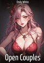 Text: "Emily White, Open Couples." Illustration einer Frau mit langen, rosa Haaren und rotem Kleid, detailreiche Schmuckstücke.