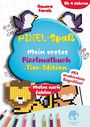 "Amara Farah, PIXEL-Spaß, Mein erstes Pixelmalbuch -Tier-Edition-, Ab 4 Jahren, mit arabischen Begriffen! Malen nach Zahlen." Illustrationen von bunten Pixel-Tieren und Buntstiften.
