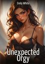 "Emily White" oben, "Unexpected Orgy" unten. Illustration einer jungen Frau in Unterwäsche mit langen Haaren.