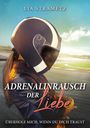 Buchcover-Illustration: Eine Frau mit schwarzem Helm auf einer Rennstrecke, Text: „Adrenalinrausch der Liebe“.