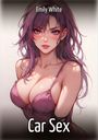 "Emily White", "Car Sex". Illustration einer Frau mit lila Haaren, tiefem Dekolleté und einem lila Kleid.