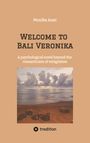 „Monika Auer: Welcome to Bali Veronika.“ Ein Strand bei Sonnenuntergang unter wolkigem Himmel. Logo von tredition.