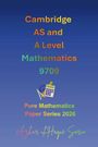 Text: "Cambridge AS and A Level Mathematics 9709. Pure Mathematics Paper Series 2026. Azhar ul Haque Sario."  
Hintergrund: Blau.  
Illustration: Taschenrechner, Winkelmesser, Zirkel.