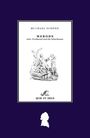 Text: "Michael Schöne, Merode oder: Ferdinand und die Scharlatane, Quis ut Deus". Ein zentrales Bild zeigt Figuren, umrahmt von einem lila Hintergrund.