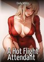 Text: "Emily White" und "A Hot Flight Attendant". Eine Illustration einer Frau in rotem Kleid mit blondem Haar und einem Lächeln.