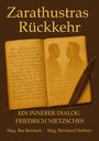 „Zarathustras Rückkehr“: Ein offenes Buch mit Schatten zweier Gesichter, darunter Autoren und eine Feder.