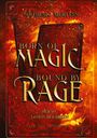 Text: "Born of Magic, Bound by Rage. Hekate Göttin der Hexen. Fear the Goddesses 1." Goldene Schrift, feuriger Hintergrund.