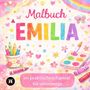 "Malbuch EMILIA, im praktischen Format für unterwegs." Buntstifte, Blumen, Herzen und ein Regenbogen verzieren es.