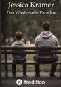 "Jessica Krämer, Das Wiederkehr-Paradox" oben. Ein Vater und Sohn sitzen nebeneinander auf einer Parkbank, von hinten gesehen.