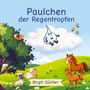"Paulchen der Regentropfen". Zwei Schafe, zwei Pferde, ein Fuchs im Baum und eine lachende Regentropfenfigur auf Wolken.