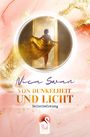 "Nica Swan: Von Dunkelheit und Licht - Selbstbefreiung." Eine Person in goldenem Tuch tritt durch ein Tor ins Licht.