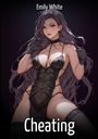 Text oben: "Emily White". Text unten: "Cheating". Illustration einer Frau in schwarzer Spitzenkleidung.