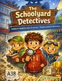 "The Schoolyard Detectives" in großer Schrift, Kinderbuch für 8+, mit Puzzles. Drei Kinder, eines mit Lupe, fröhlich und abenteuerlustig.