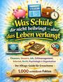 "Was Schule dir nicht beibringt – aber das Leben verlangt" in leuchtenden Farben, mit Symbolen für Wissen und Finanzen.