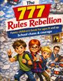 "The 777 Rules Rebellion" in großer gelber Schrift, darunter Kinder und Roboter, umgeben von Papierblättern.