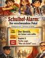 Buchtitel: Schulhof-Alarm: Der verschwundene Pokal. Kapitel 2: Turbo sagt: "War ich nicht!" Illustration mit drei Kindern und zwei Erwachsenen.