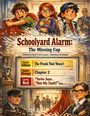 „Schoolyard Alarm: The Missing Cup“, Kapitel mit Leveln gelb bis rot, Kinder und Erwachsene in einer Schule. Illustration.