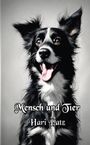 "Mensch und Tier" und "Hari Patz". Illustration eines fröhlichen, schwarz-weißen Hundes mit herausragenden Ohren.