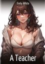 Text: "Emily White" oben, "A Teacher" unten. Eine stilisierte Frau mit langen, dunklen Haaren in einem hellen Outfit.